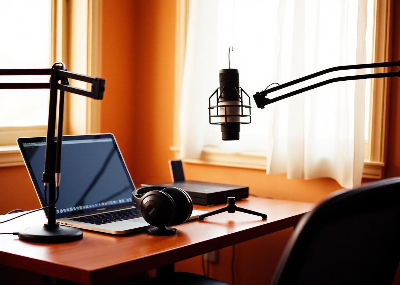 Podcast microphone, headphones and laptop set up on a sunlit desk