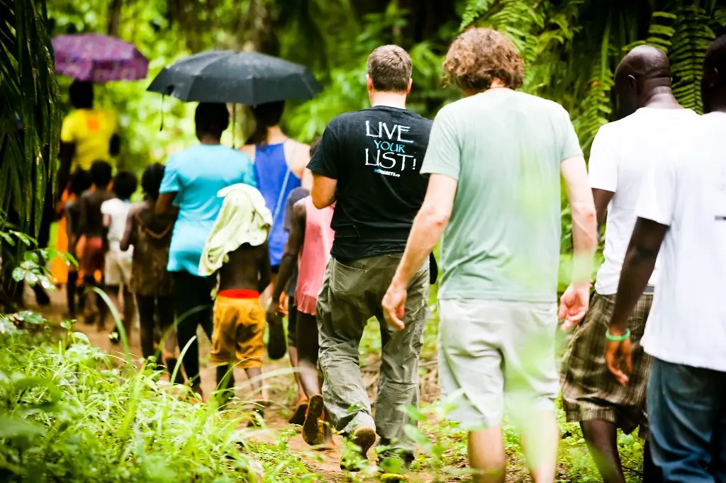 Retreat group trekking together through a jungle path