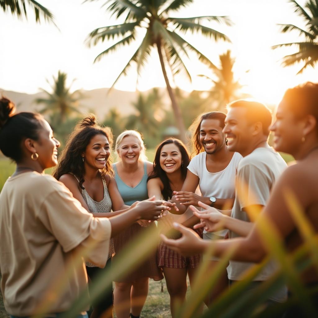 Retreat participants laughing together during a team challenge outdoors
