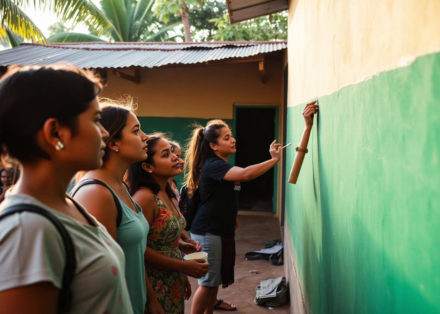 Retreat guests volunteering alongside local residents on a community project