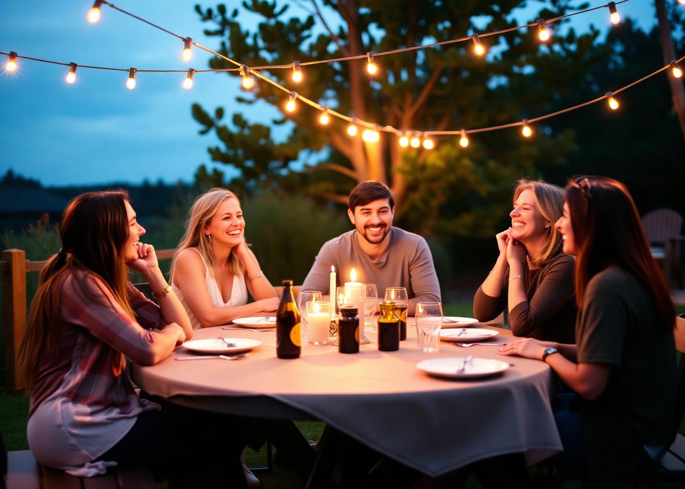 Small group of retreat leaders laughing together around an outdoor table at dusk