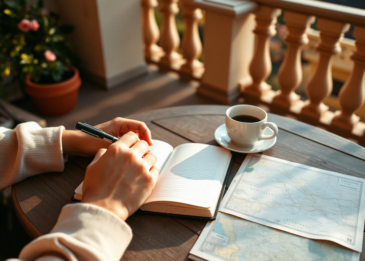 Hands journaling in a notebook beside coffee on a sunlit villa terrace